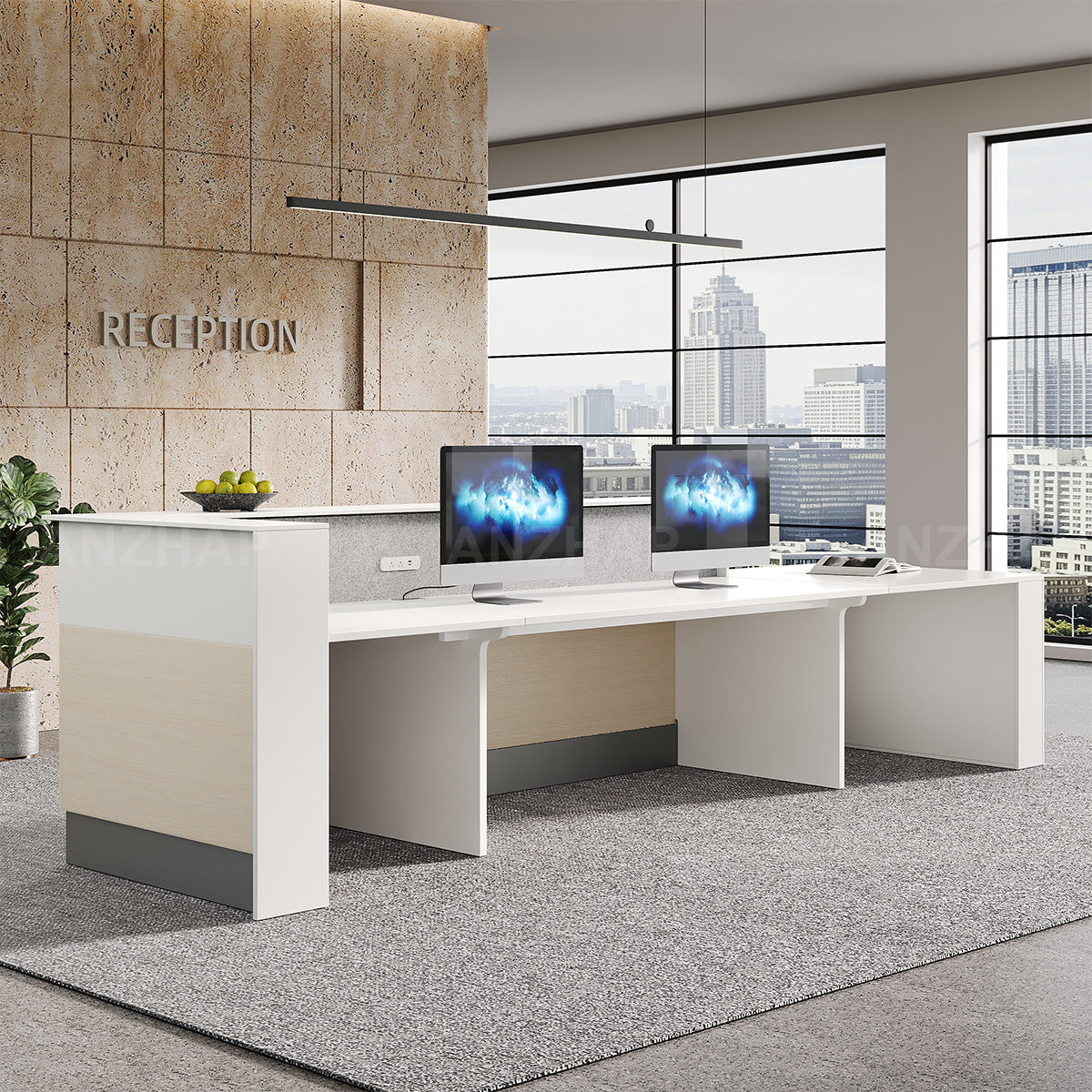 Modern Commercial 154" L Reception Desk with Multifunctional Cable Box, Dual-layer Counter & Reinforced Support Panel for Office, Hotel & Business Spaces