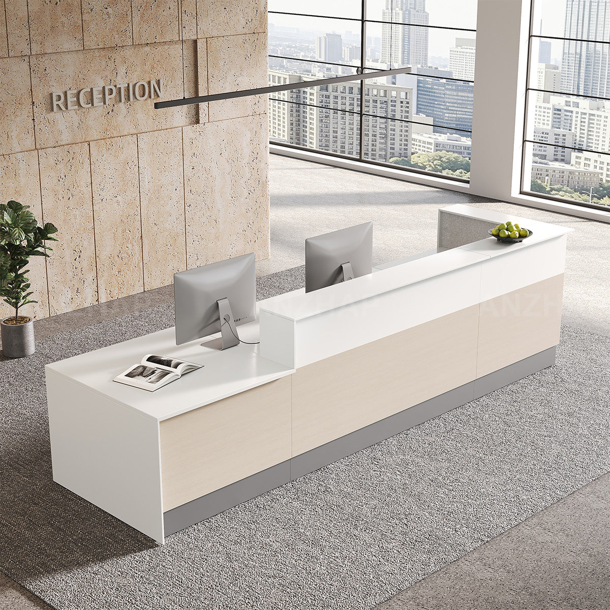 Modern Commercial 154" L Reception Desk with Multifunctional Cable Box, Dual-layer Counter & Reinforced Support Panel for Office, Hotel & Business Spaces