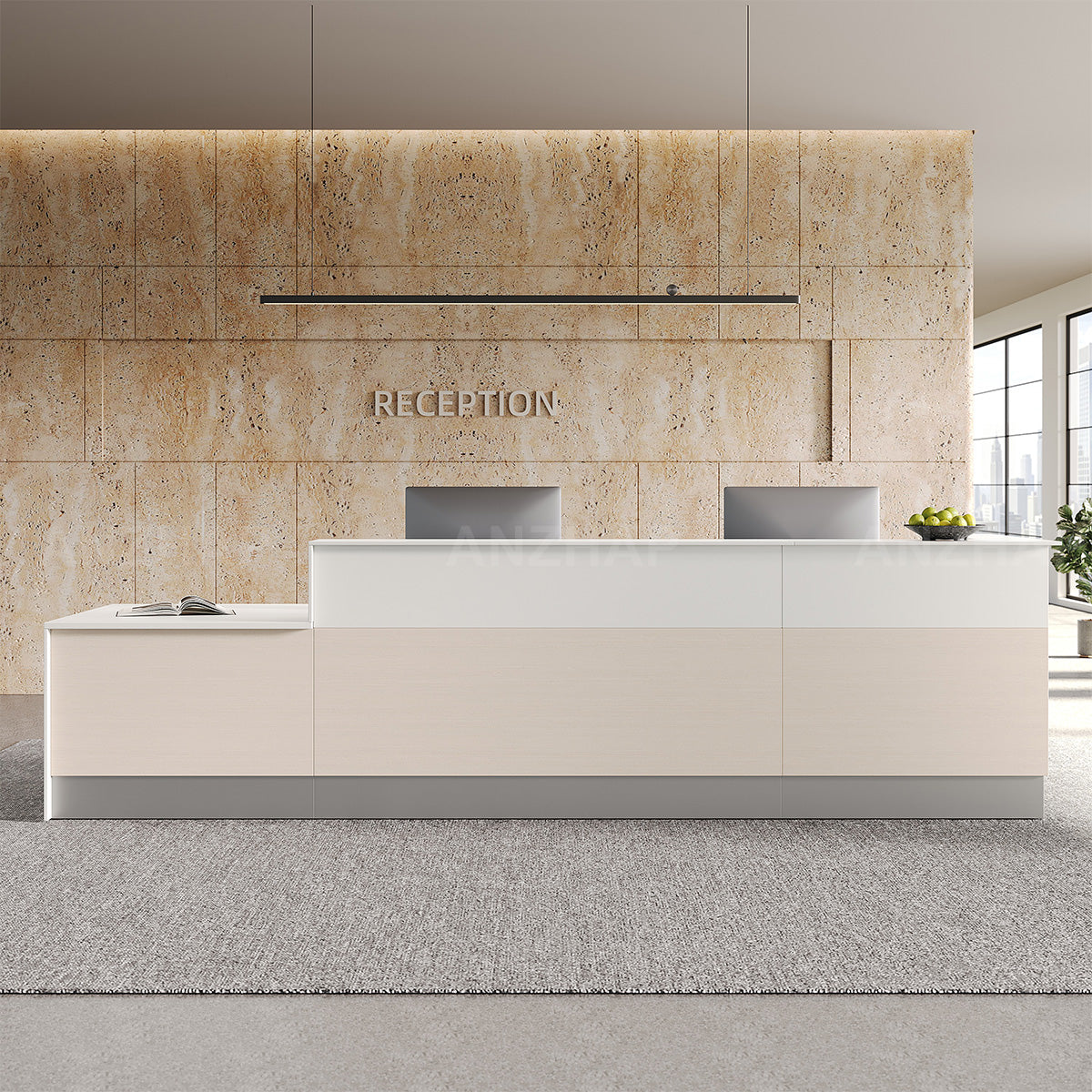 Modern Commercial 154" L Reception Desk with Multifunctional Cable Box, Dual-layer Counter & Reinforced Support Panel for Office, Hotel & Business Spaces