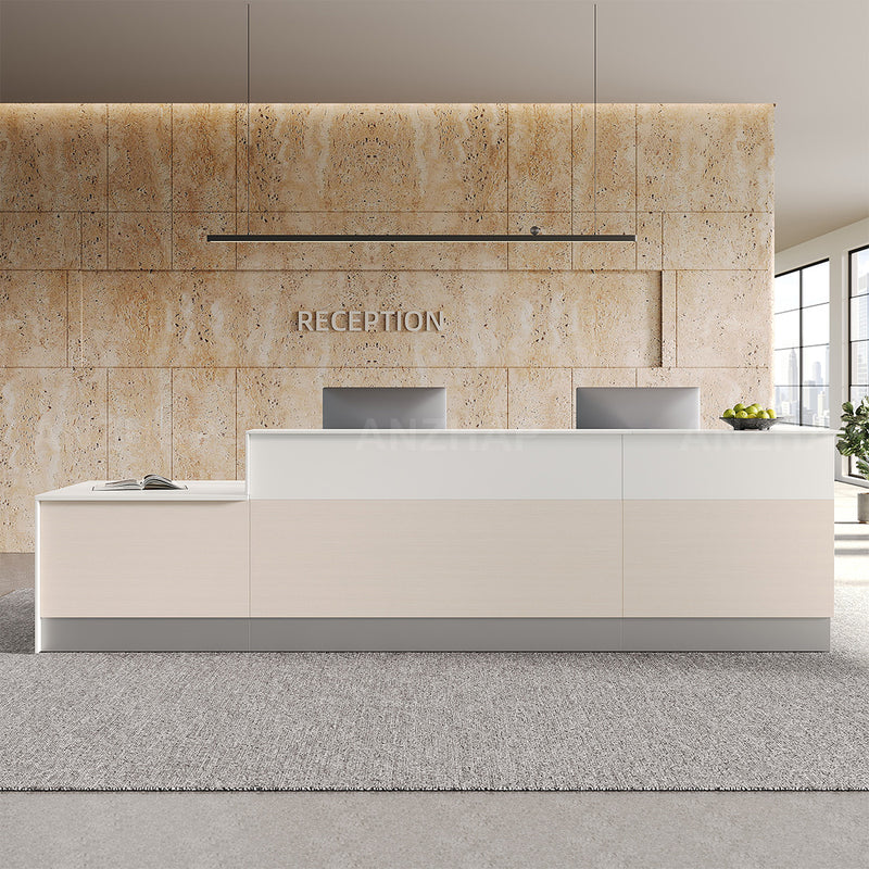 Modern Commercial 154" L Reception Desk with Multifunctional Cable Box, Dual-layer Counter & Reinforced Support Panel for Office, Hotel & Business Spaces