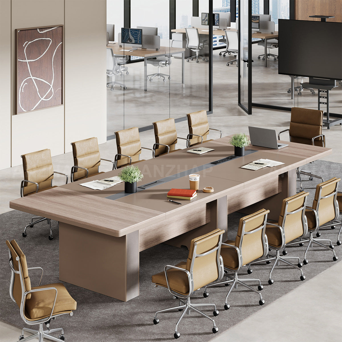 Modern Conference Table 142 in Wide (12 ft) for 10 People with Cable Management & Solid Wood（Stock Items）