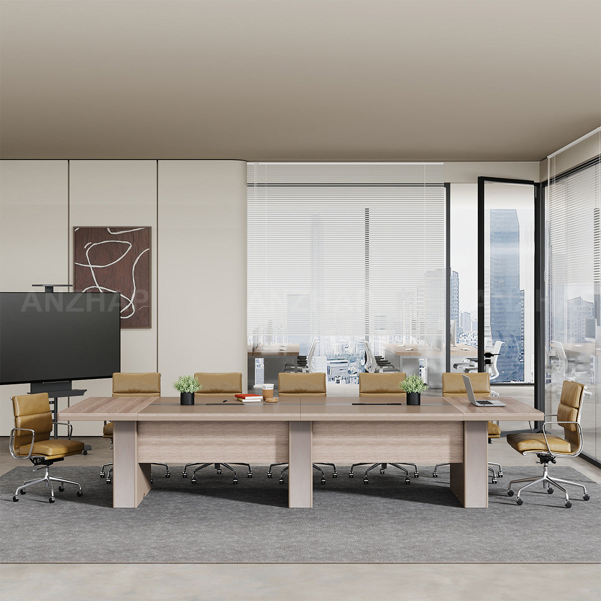 Modern Conference Table 142 in Wide (12 ft) for 10 People with Cable Management & Solid Wood（Stock Items）