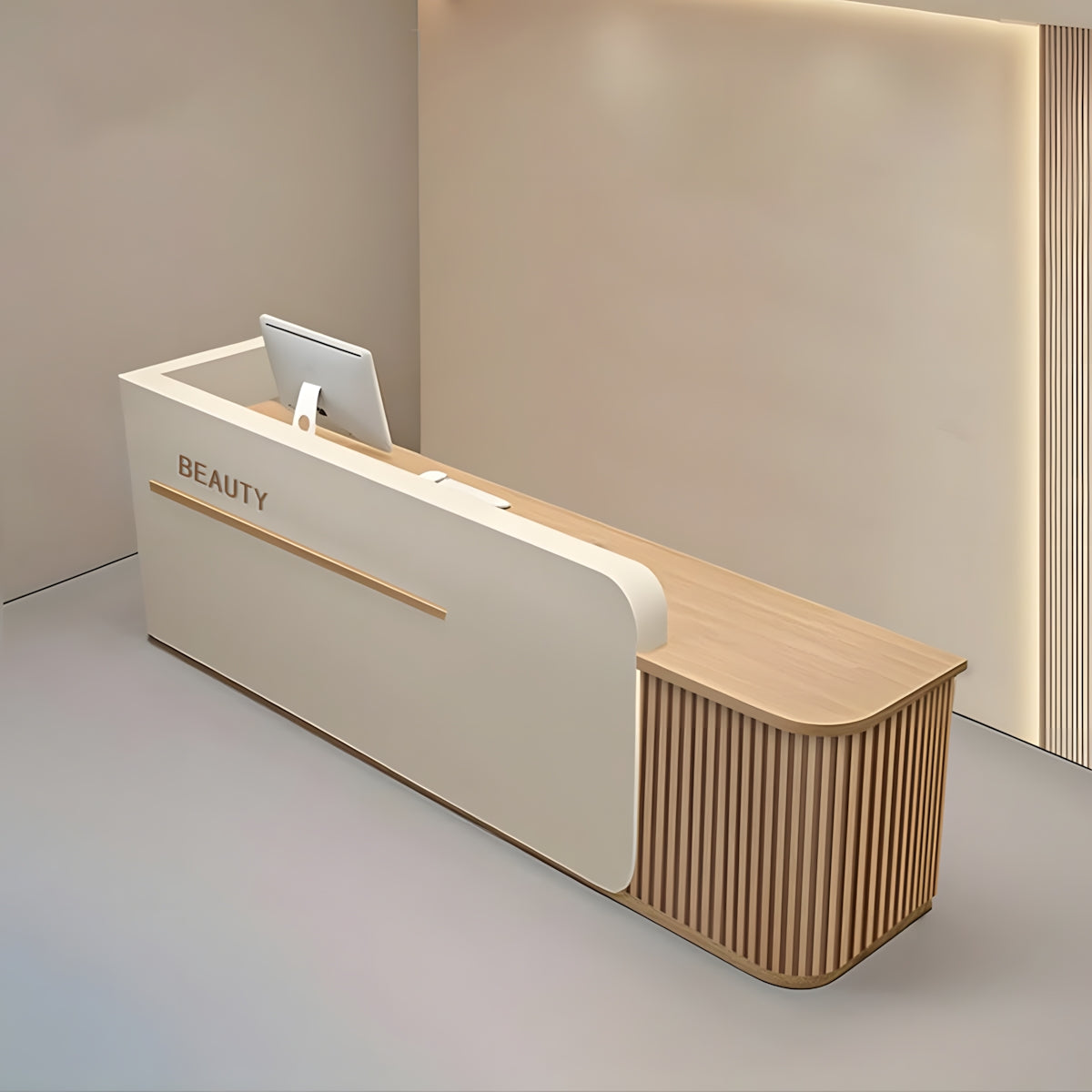 Sleek Reception Desk with Ample Storage & Functional Layout