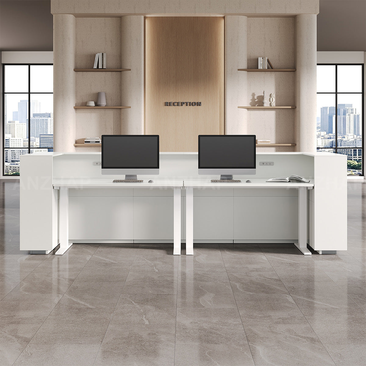 Reception Desk with Raised Transaction Counter, Built-In Power & Storage Cabinet