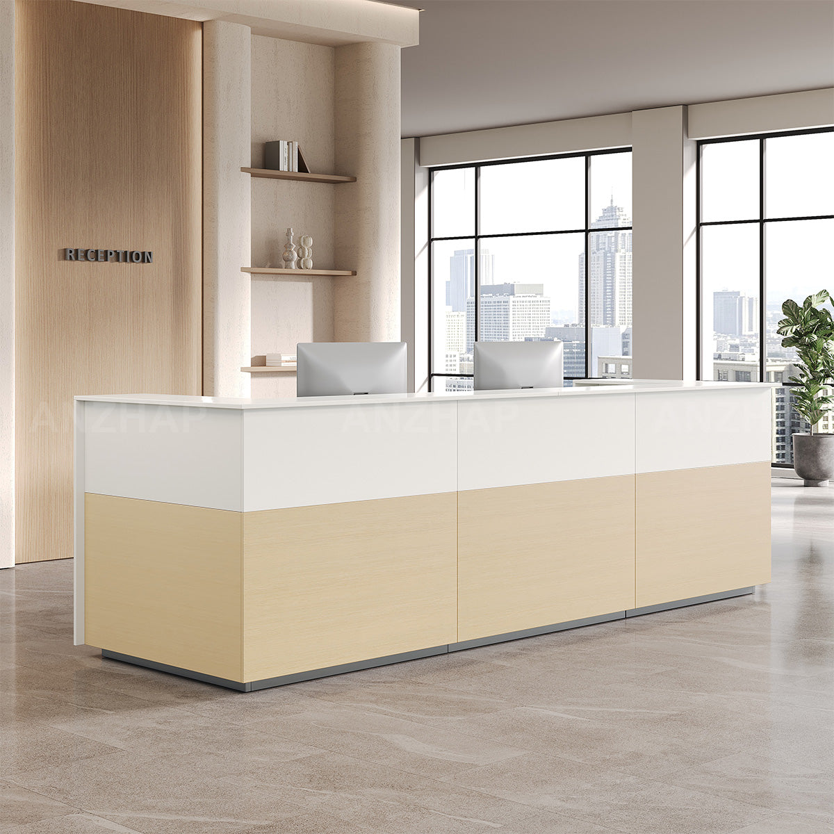 Reception Desk with Raised Transaction Counter, Built-In Power & Storage Cabinet