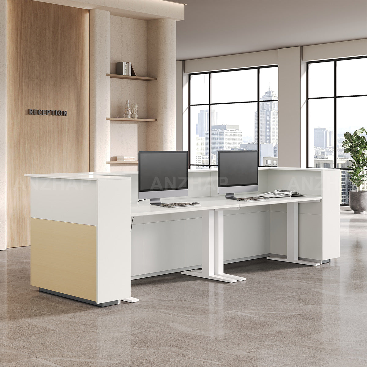 Reception Desk with Raised Transaction Counter, Built-In Power & Storage Cabinet