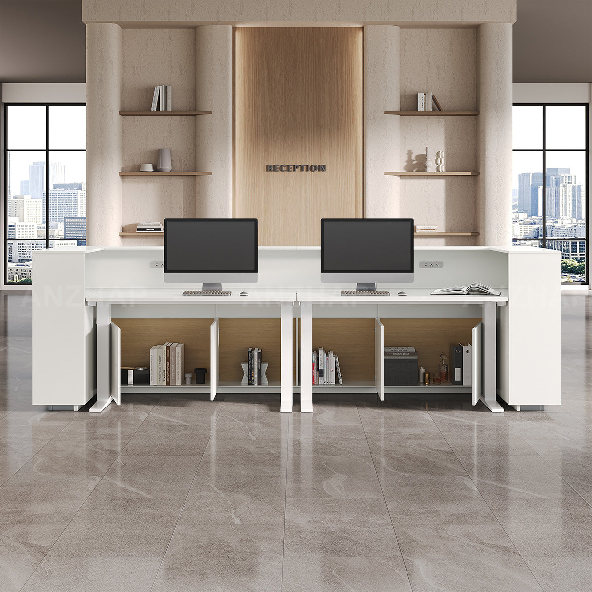 Reception Desk with Raised Transaction Counter, Built-In Power & Storage Cabinet
