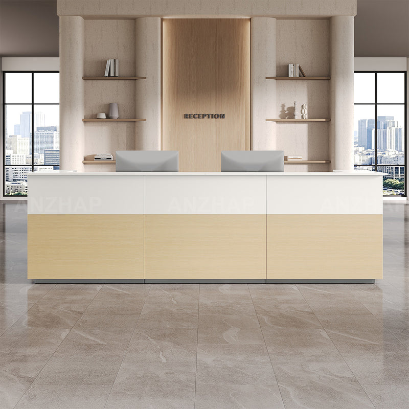 Reception Desk with Raised Transaction Counter, Built-In Power & Storage Cabinet