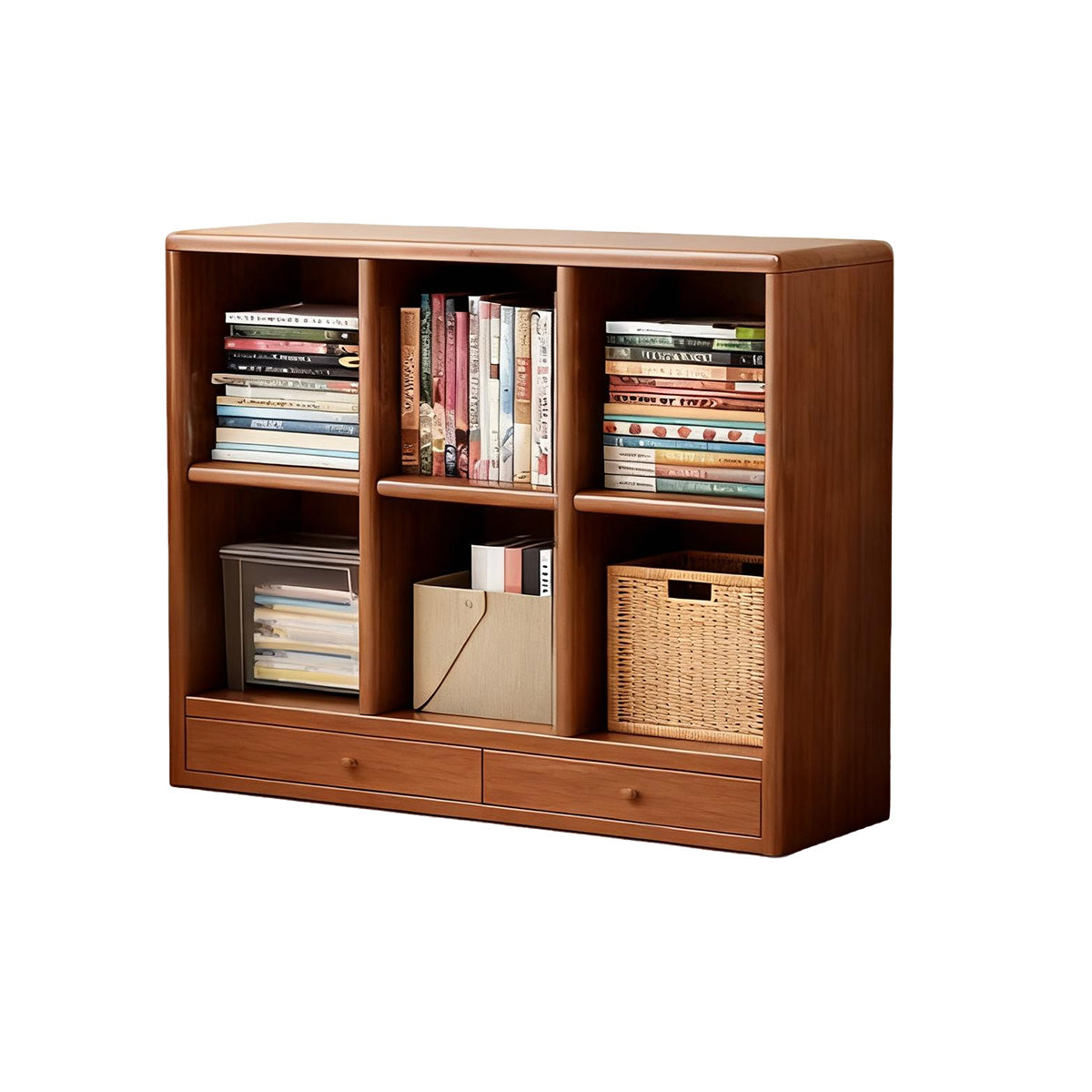 Classic Wooden Bookshelf with Open Compartments and Rounded Edges
