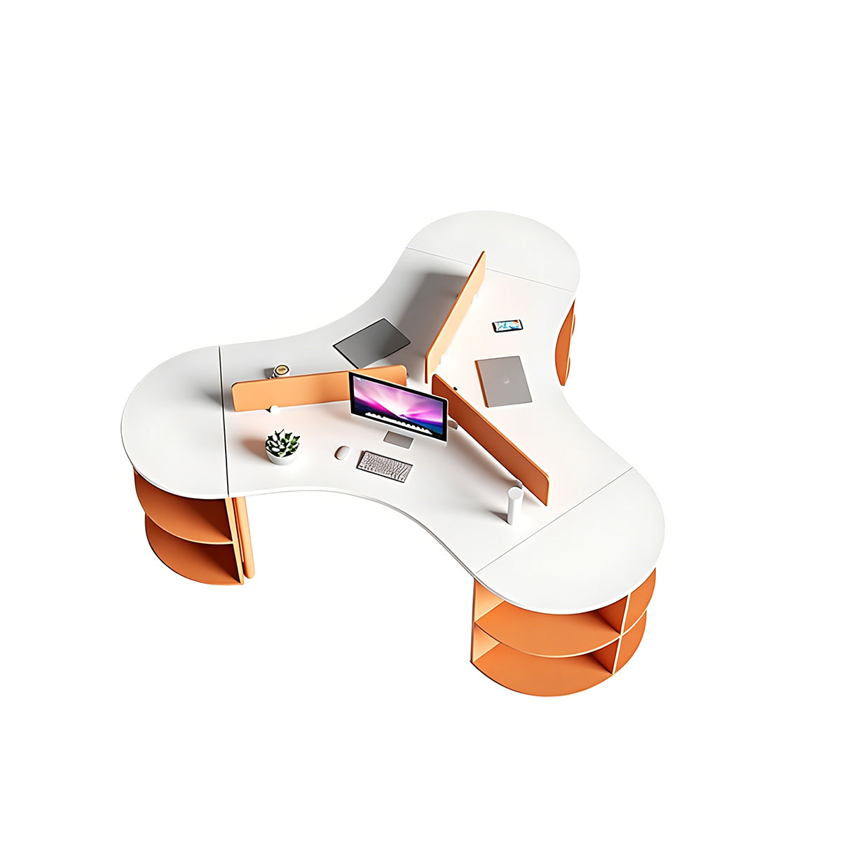 Office Desk, 3-seater, Minimalist Multifunctional Orange and White Office Desk With Double-Layer Storage Compartments finish, L107" x W98" x H30", for...