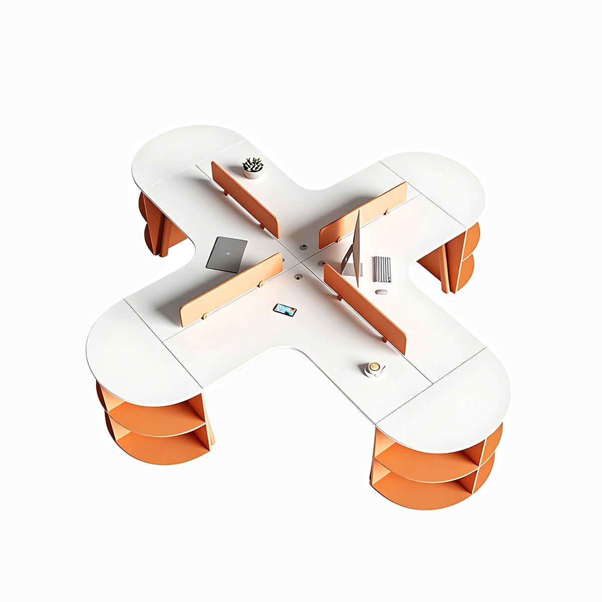Office Desk, 4-seater, Minimalist Multifunctional Orange and White Office Desk With Double-Layer Storage Compartments finish, L134" x W134" x H30", for...