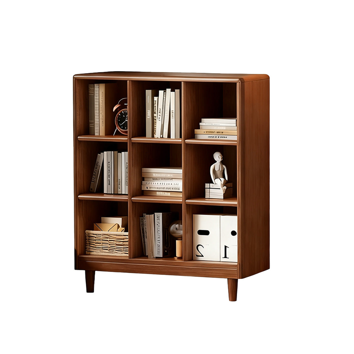 Classic Wooden Bookshelf with Open Compartments and Rounded Edges