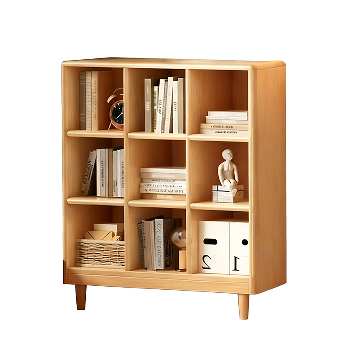 Classic Wooden Bookshelf with Open Compartments and Rounded Edges