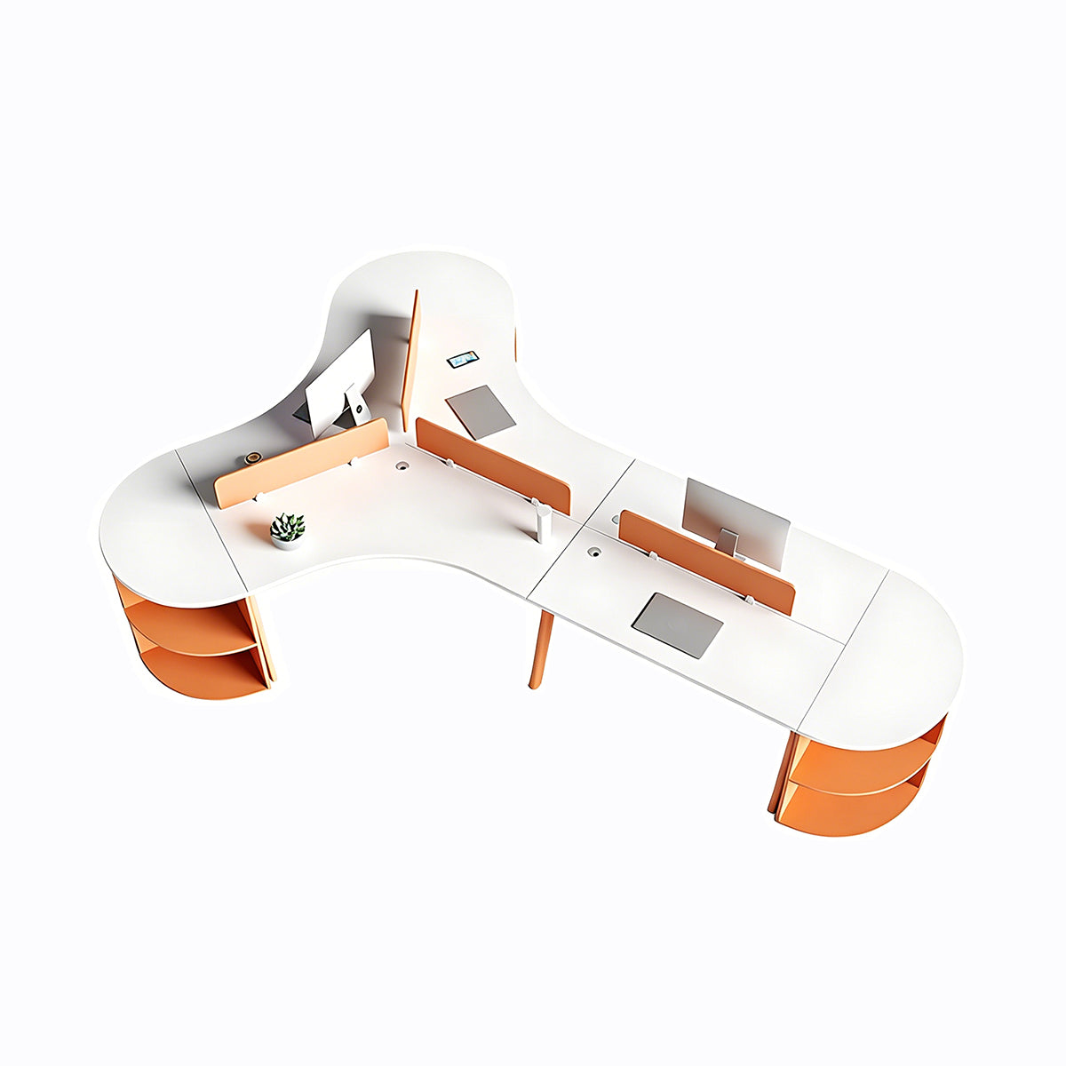 Office Desk, 5-seater, Minimalist Multifunctional Orange and White Office Desk With Double-Layer Storage Compartments finish, L107" x W146" x H30", for...