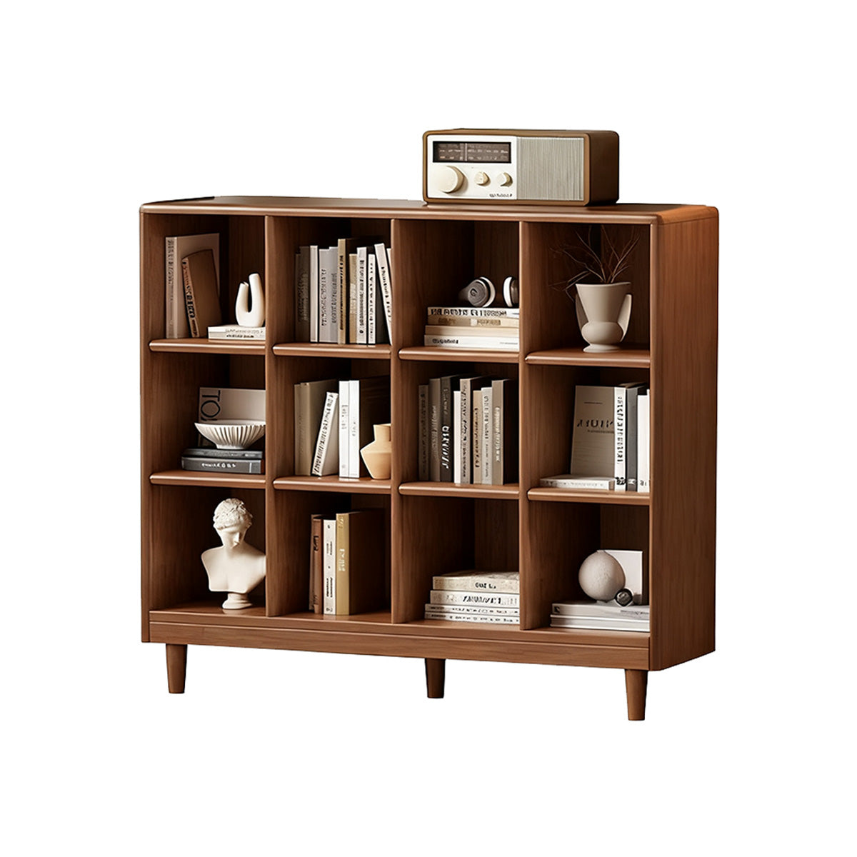 Classic Wooden Bookshelf with Open Compartments and Rounded Edges