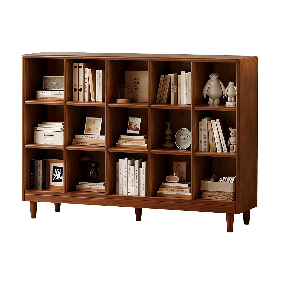 Classic Wooden Bookshelf with Open Compartments and Rounded Edges