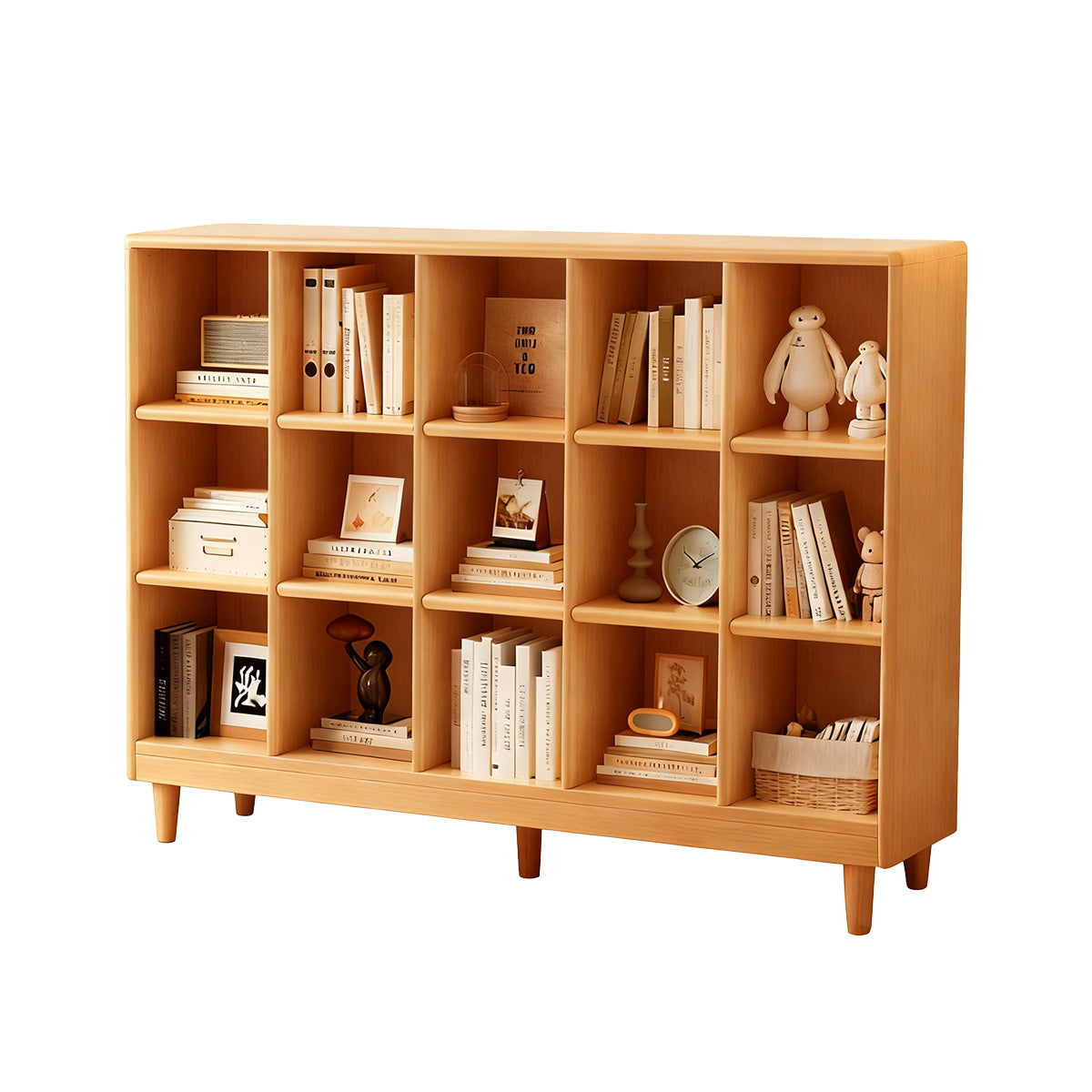 Classic Wooden Bookshelf with Open Compartments and Rounded Edges