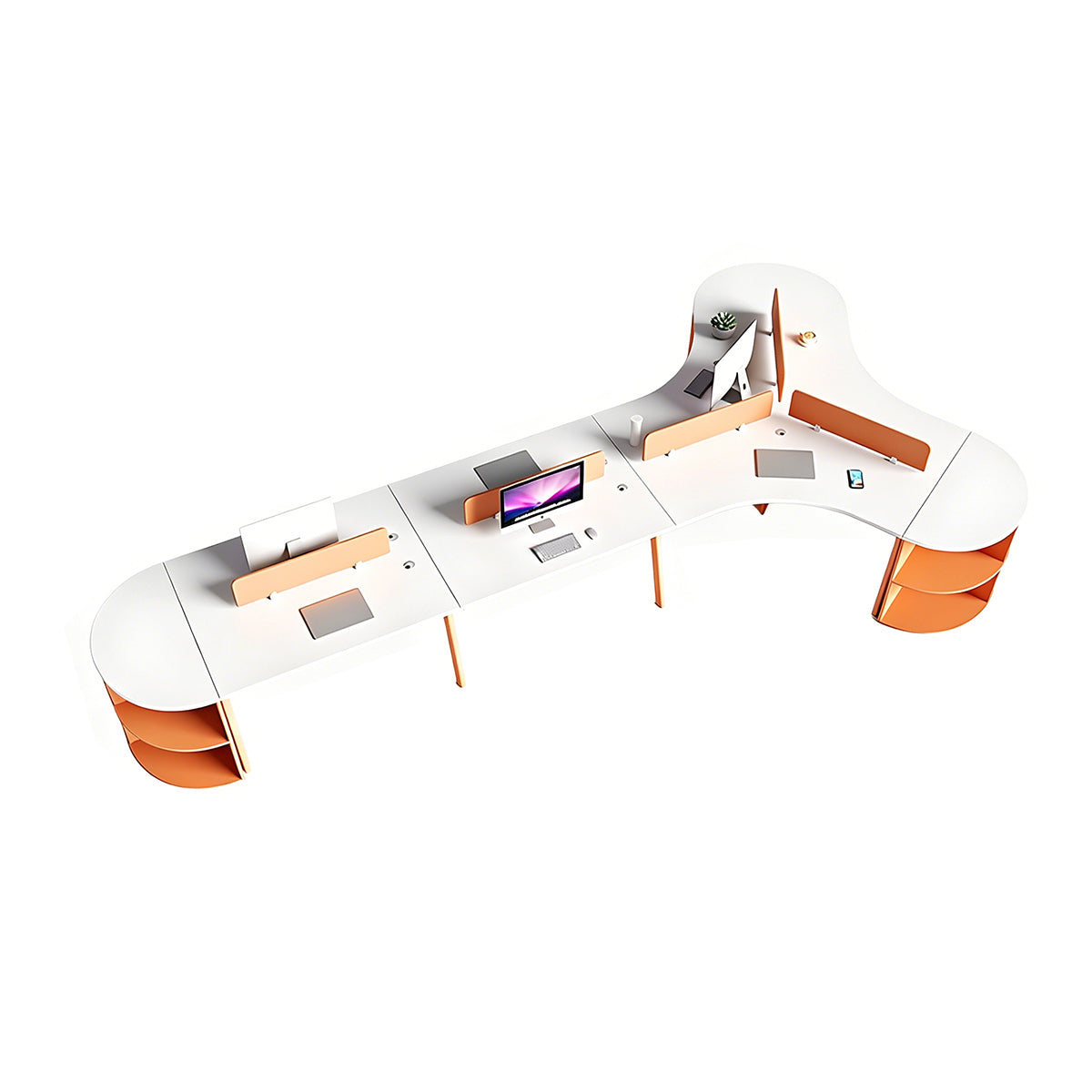 Office Desk, 7-seater, Minimalist Multifunctional Orange and White Office Desk With Double-Layer Storage Compartments finish, L193" x W107" x H30", for...