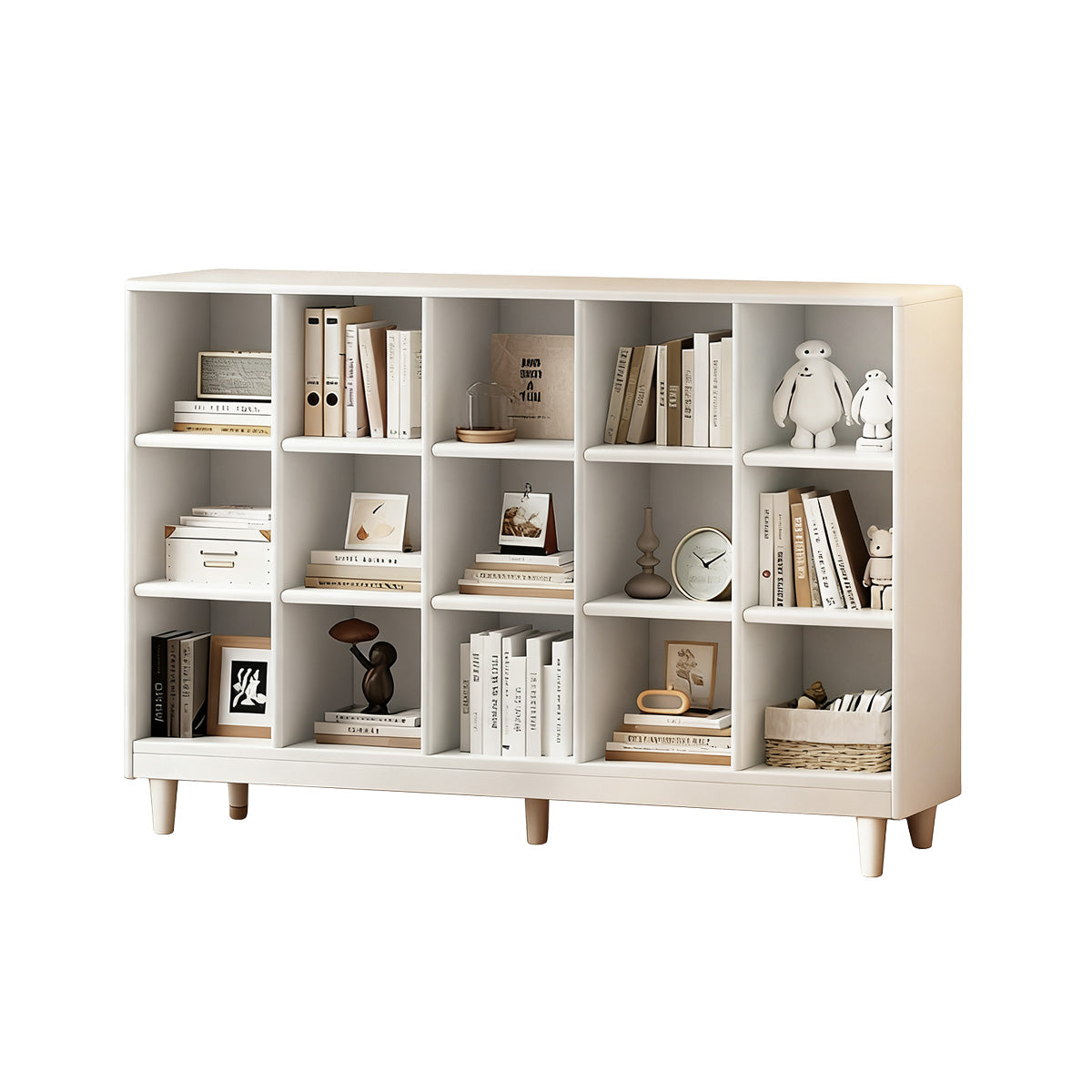 Classic Wooden Bookshelf with Open Compartments and Rounded Edges
