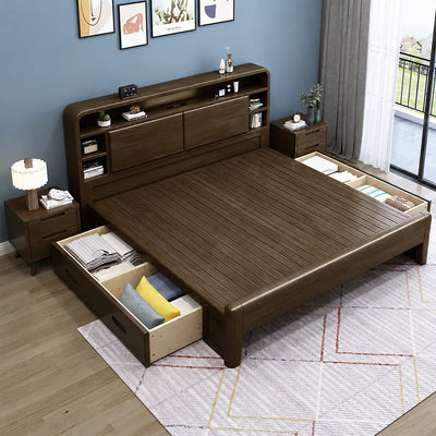 Solid Wood Bedroom Queen Bed with Storage Headboard（Stock Items）