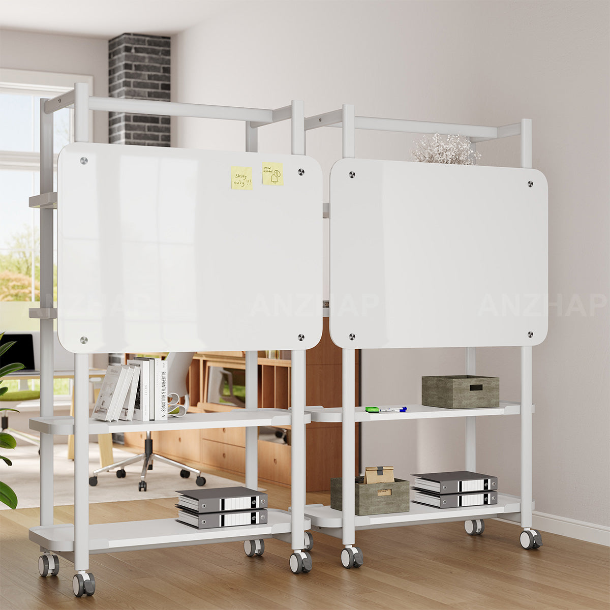Functional 42" L Storage Rack with Writable Whiteboard Back Panel & Mobile Storage for Modern Spaces