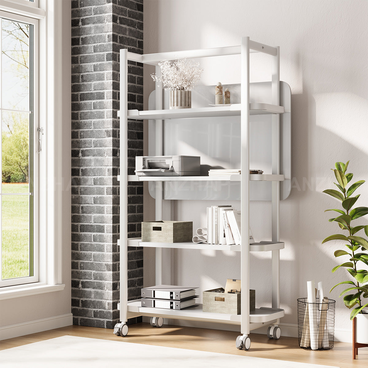 Functional 42" L Storage Rack with Writable Whiteboard Back Panel & Mobile Storage for Modern Spaces