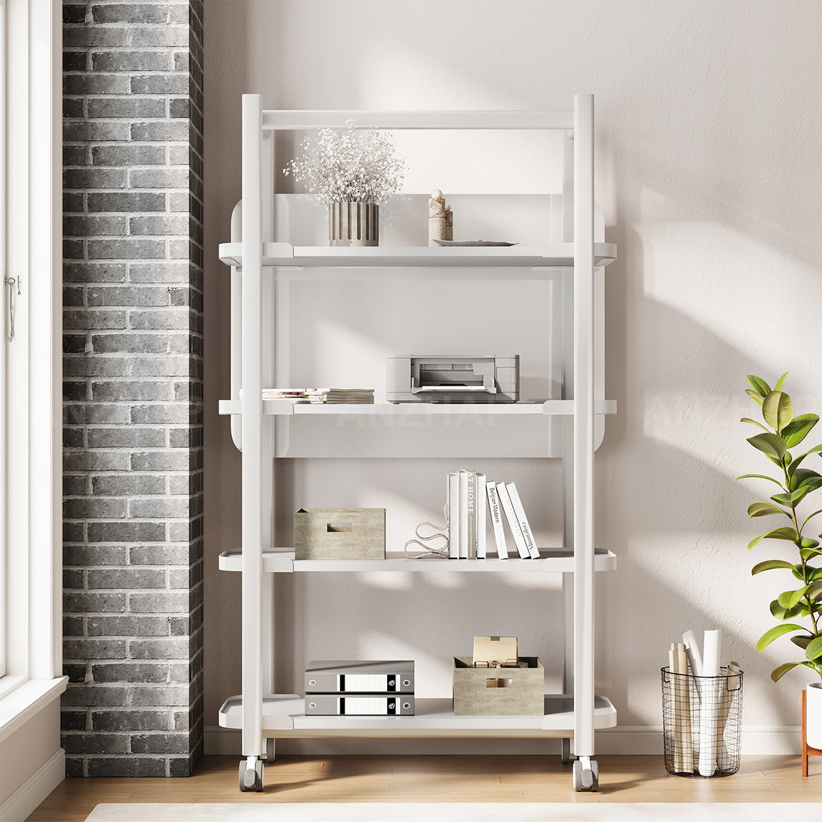 Functional 42" L Storage Rack with Writable Whiteboard Back Panel & Mobile Storage for Modern Spaces