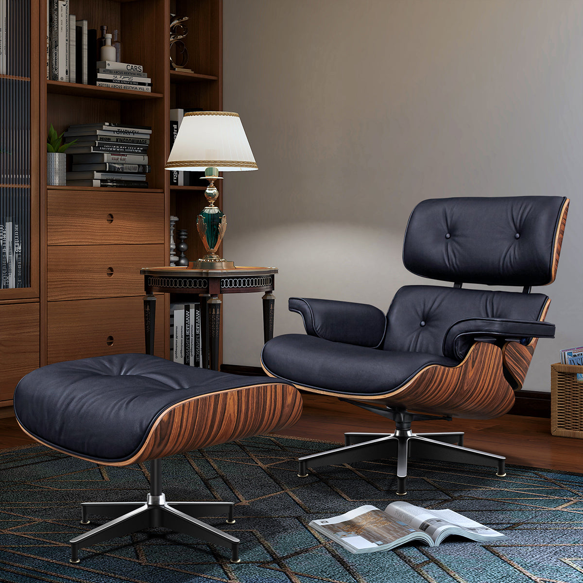 Stylish Indoor Living Room Genuine Leather Chair with Ottoman（Stock Items）