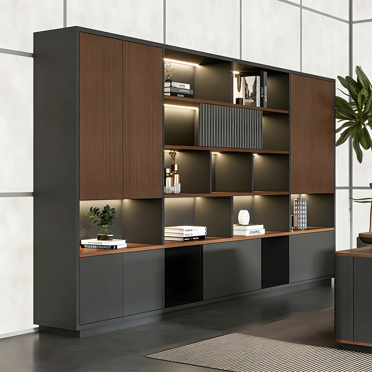 Filing Cabinet, angled product view, Minimalist Storage Filing Cabinet With LED Ambient Lighting For Office Organization finish, for office storage...