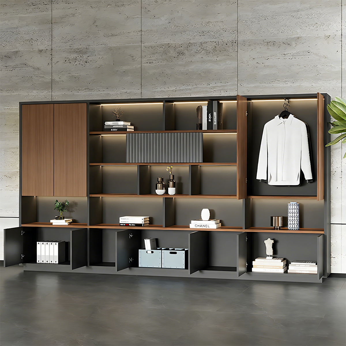 Filing Cabinet, office room scene, Minimalist Storage Filing Cabinet With LED Ambient Lighting For Office Organization finish, for office storage...