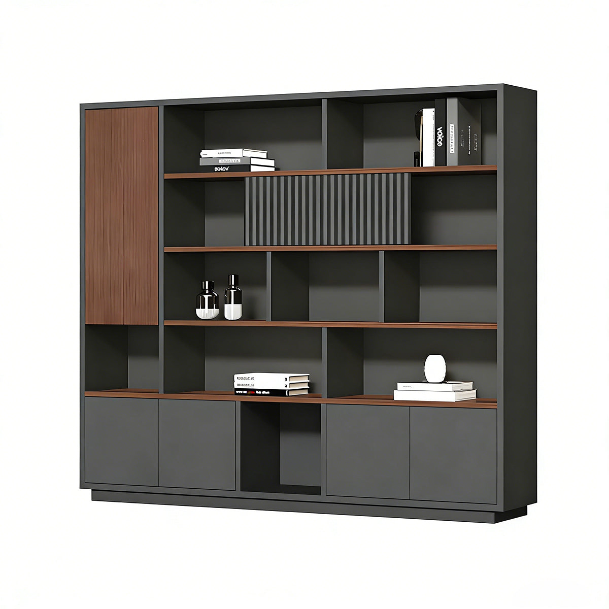 Filing Cabinet, Walnut & Dark Gray Without LED Strip, Walnut & Dark Gray finish, L79" x W16" x H79", for office storage space, office storage furniture