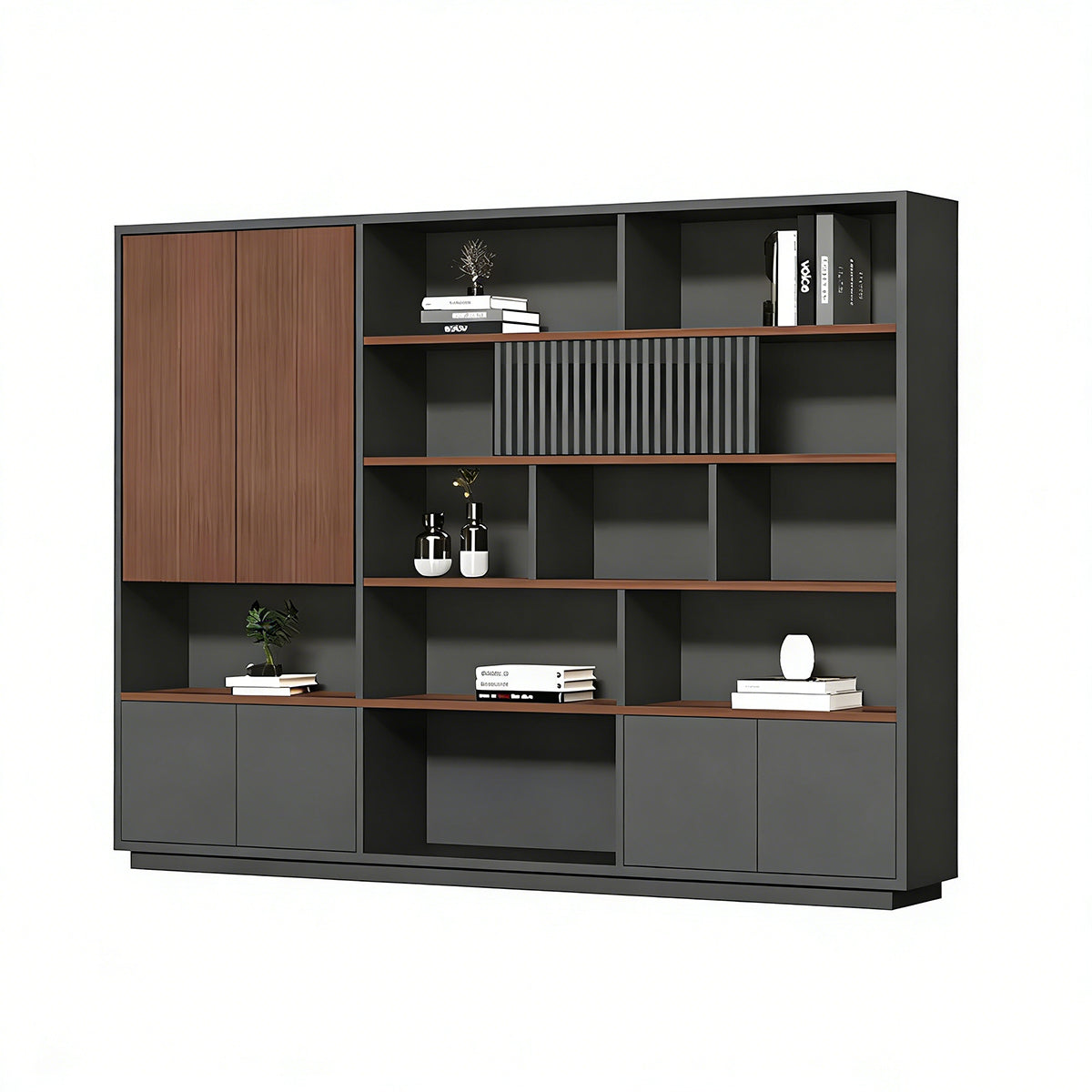 Filing Cabinet, Walnut & Dark Gray Without LED Strip, Walnut & Dark Gray finish, L94" x W16" x H79", for office storage space, office storage furniture