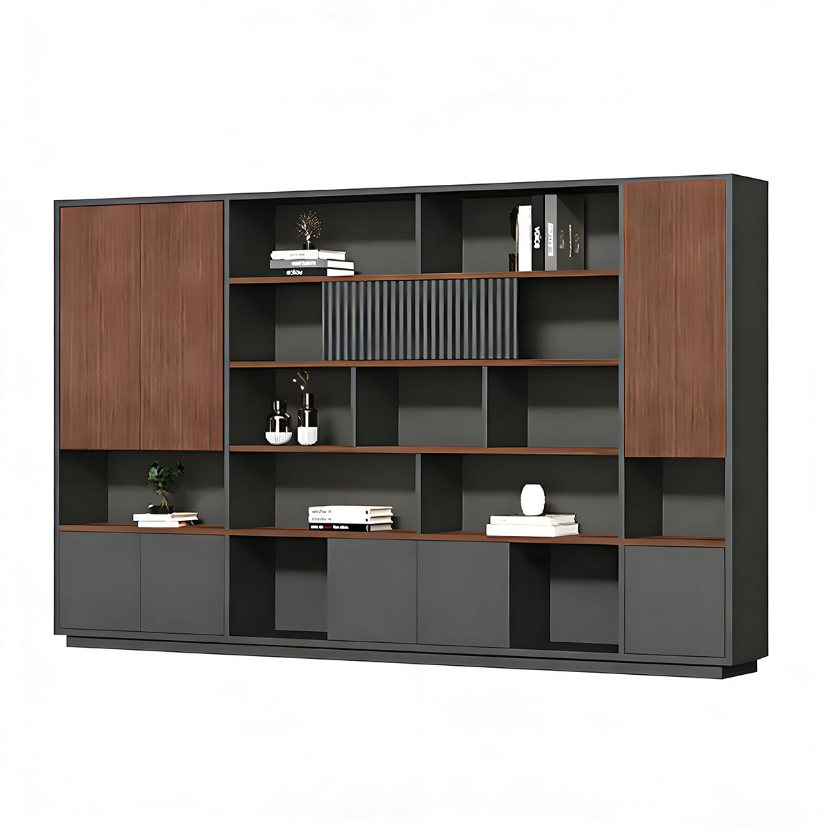 Filing Cabinet, Walnut & Dark Gray Without LED Strip, Walnut & Dark Gray finish, L110" x W16" x H79", for office storage space, office storage furniture