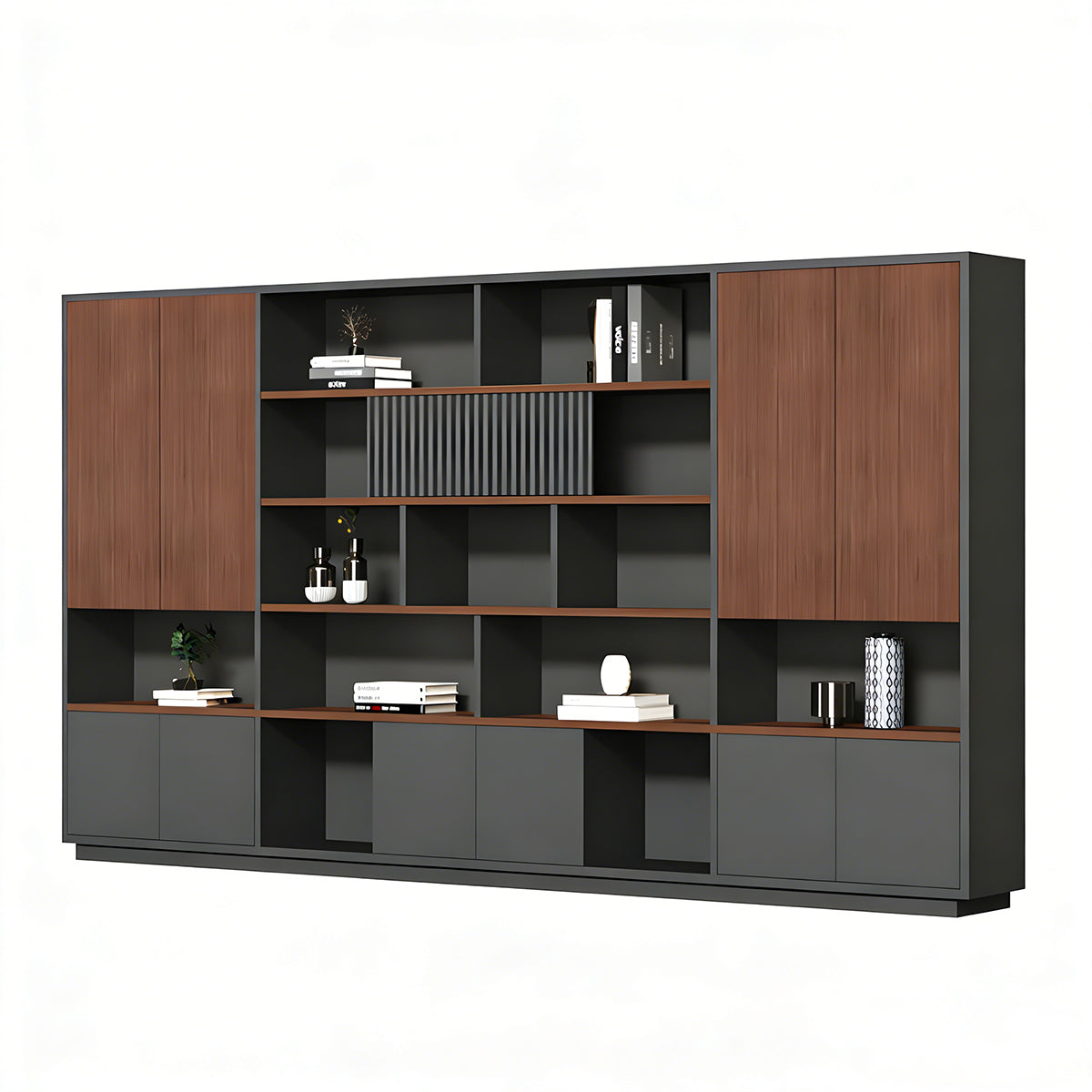 Filing Cabinet, Walnut & Dark Gray Without LED Strip, Walnut & Dark Gray finish, L126" x W16" x H79", for office storage space, office storage furniture