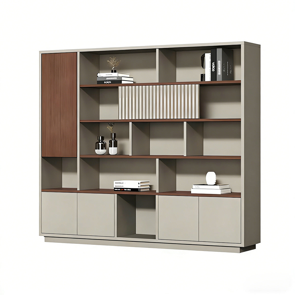 Filing Cabinet, Walnut & Khaki Without LED Strip, Walnut & Khaki finish, L79" x W16" x H79", for office storage space, office storage furniture