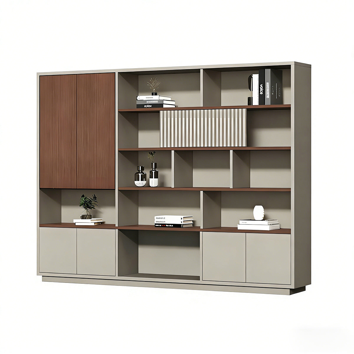 Filing Cabinet, Walnut & Khaki Without LED Strip, Walnut & Khaki finish, L94" x W16" x H79", for office storage space, office storage furniture