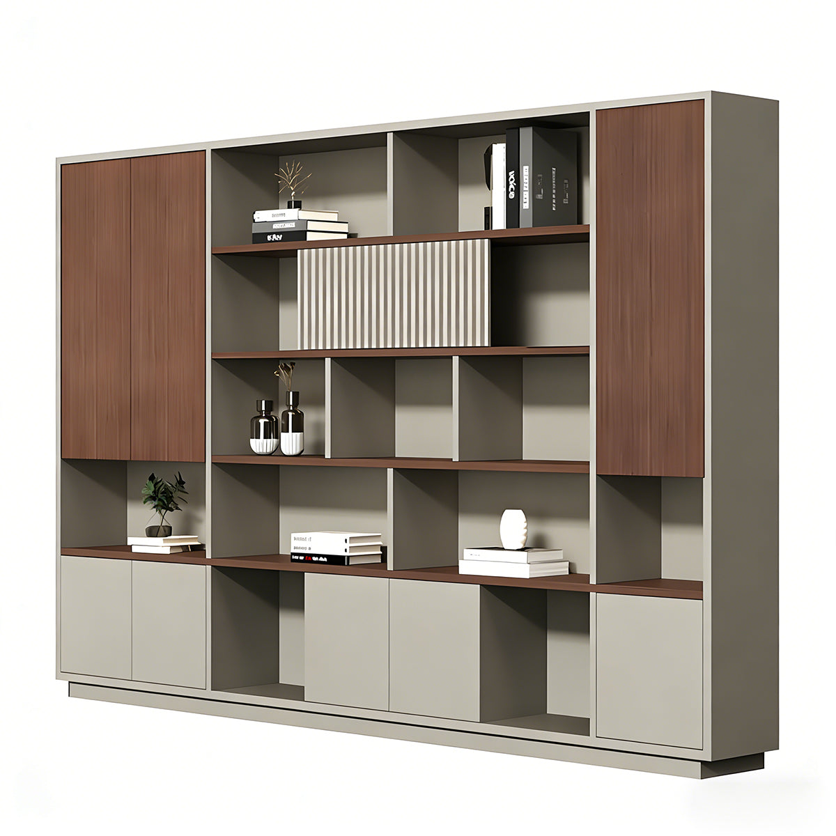 Filing Cabinet, Walnut & Khaki Without LED Strip, Walnut & Khaki finish, L110" x W16" x H79", for office storage space, office storage furniture
