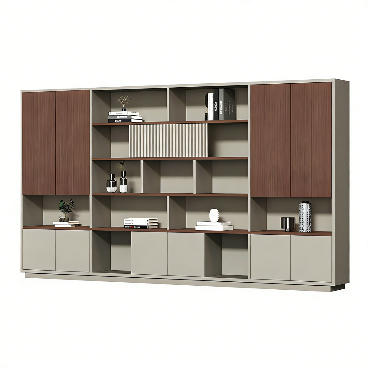 Filing Cabinet, Walnut & Khaki Without LED Strip, Walnut & Khaki finish, L126" x W16" x H79", for office storage space, office storage furniture