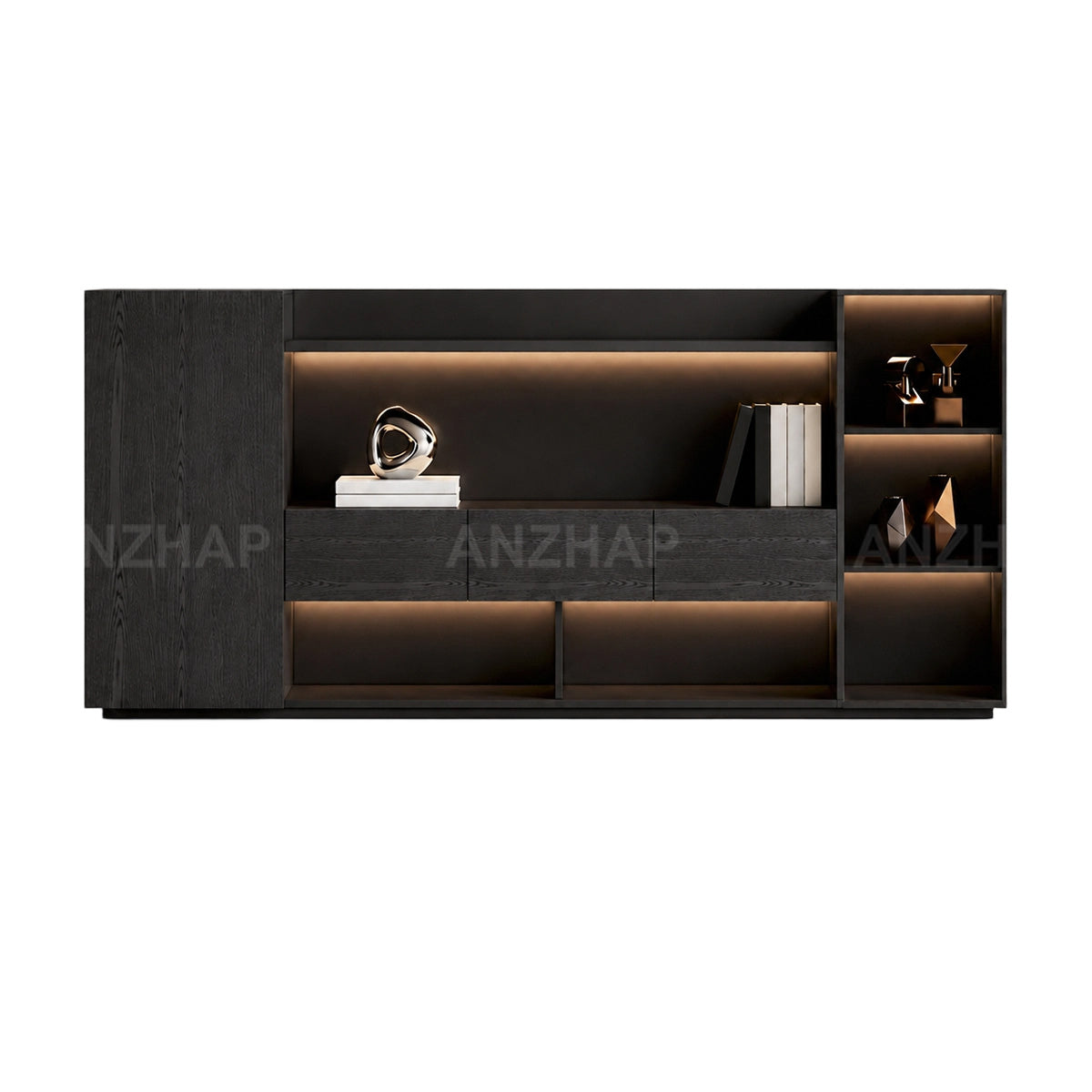Anzhap height-adjustable executive desk with electric lift frame, power and cable detail