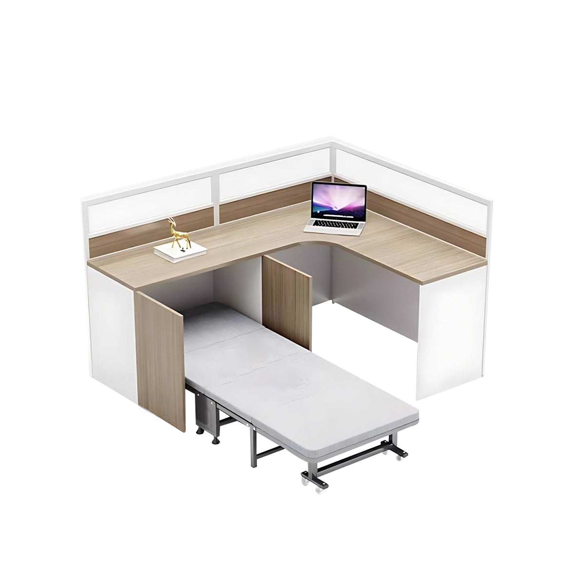 Modern Minimalist Natural and White Cubicle Desk with Foldable Bed and Functional Storage Cabinet