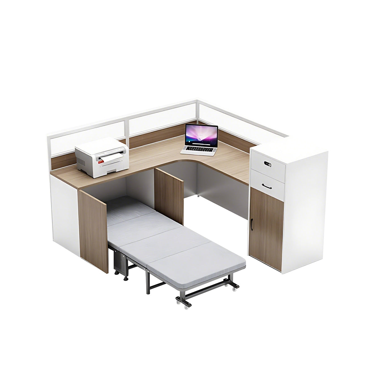 Modern Minimalist Natural and White Cubicle Desk with Foldable Bed and Functional Storage Cabinet
