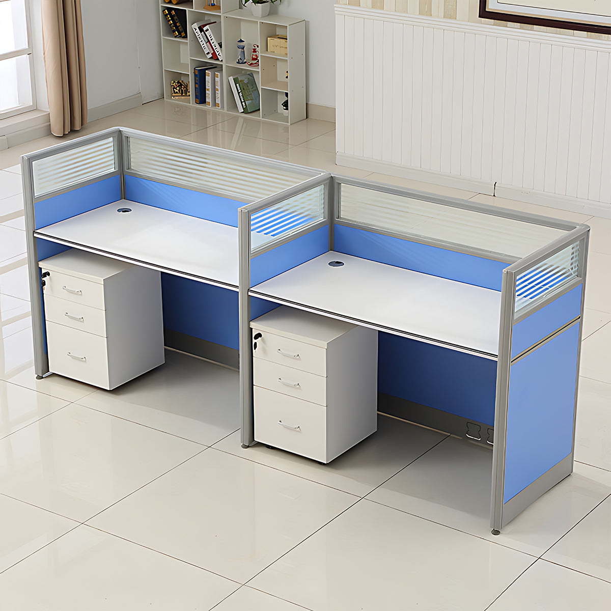 Simple Modern Desk and Chair Set with Screen,Four Seater,Blue