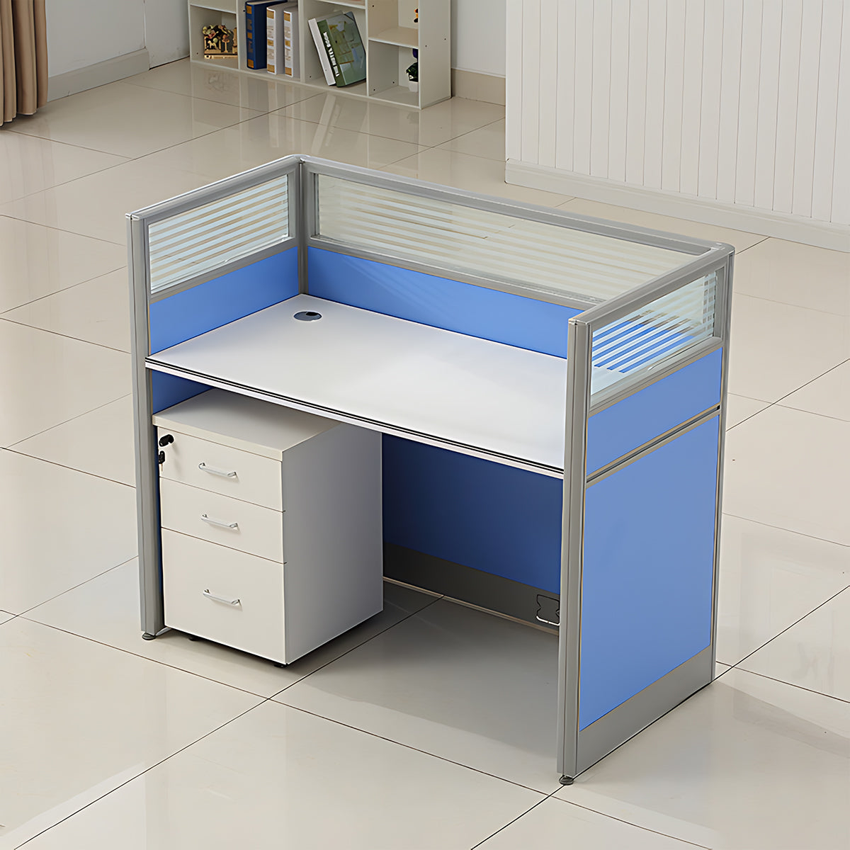 Simple Modern Desk and Chair Set with Screen,Four Seater,Blue