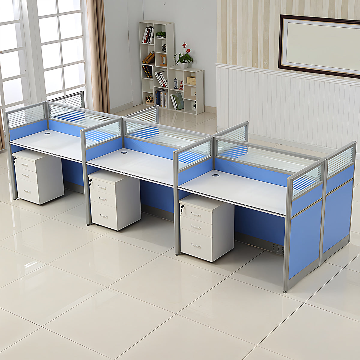 Simple Modern Desk and Chair Set with Screen,Four Seater,Blue