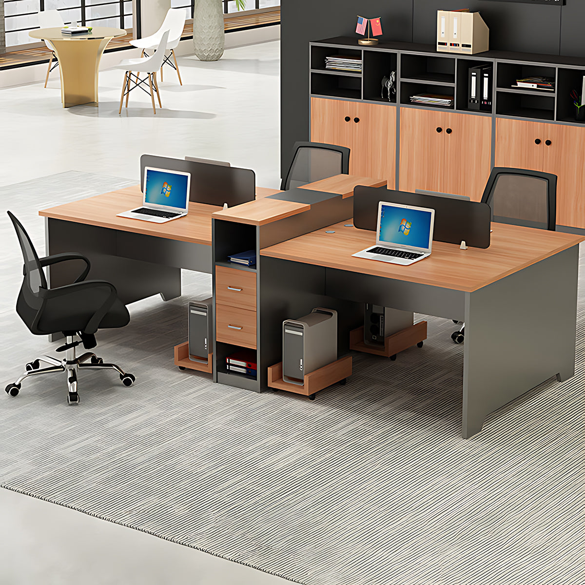 Simple Modern Office Table and Chair Set,4 Person and 6 Person with Tall Cabinets