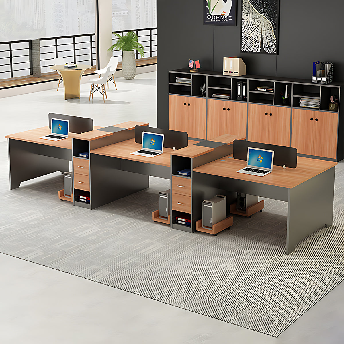 Simple Modern Office Table and Chair Set,4 Person and 6 Person with Tall Cabinets