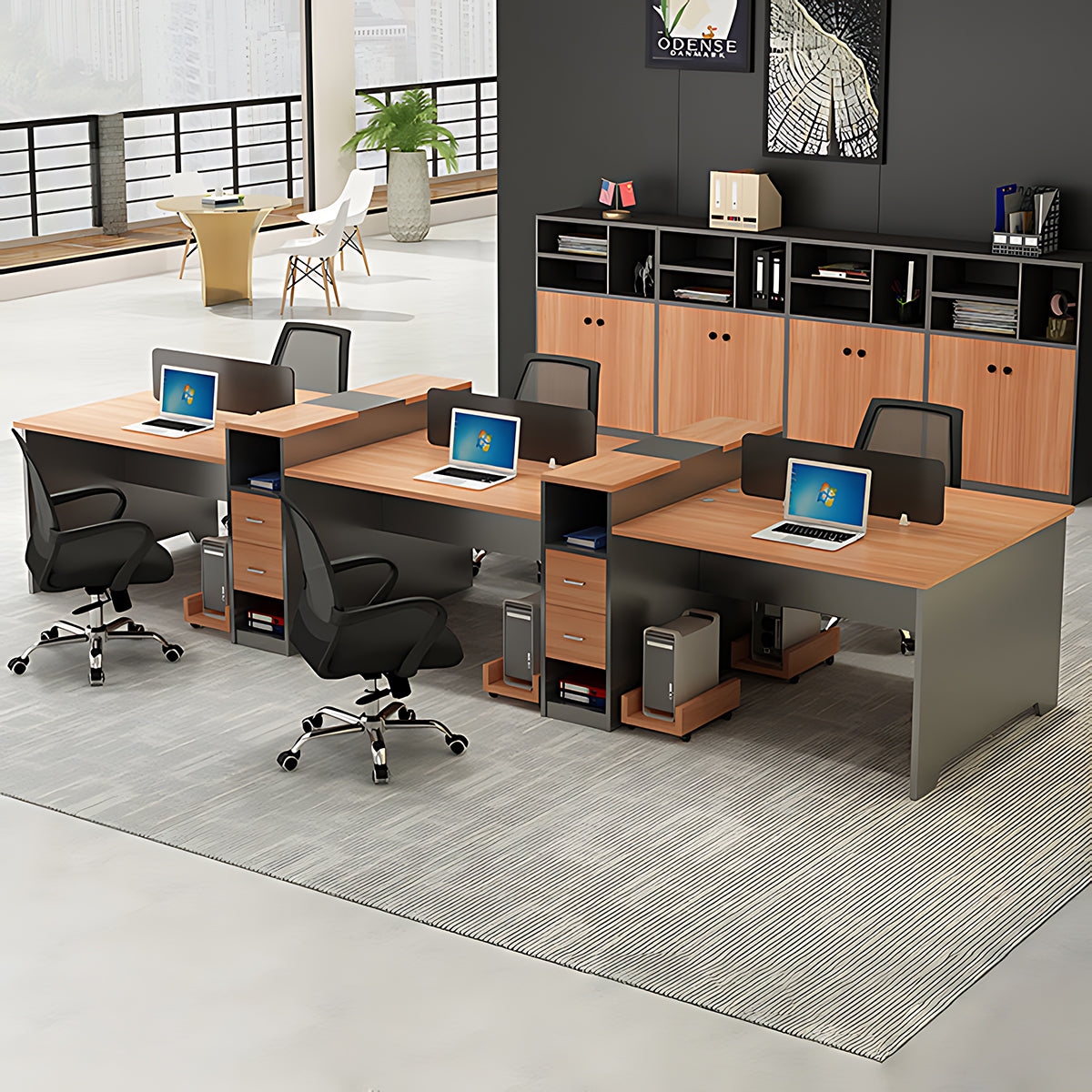 Simple Modern Office Table and Chair Set,4 Person and 6 Person with Tall Cabinets