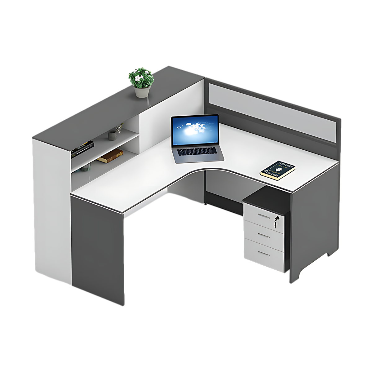 Modern Simple Office Desk and Chair Set, Wide Desktop with Screen Bookcase Partition