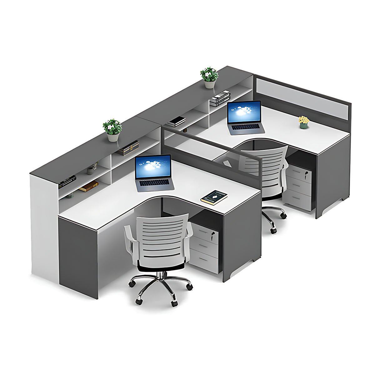 Modern Simple Office Desk and Chair Set, Wide Desktop with Screen Bookcase Partition