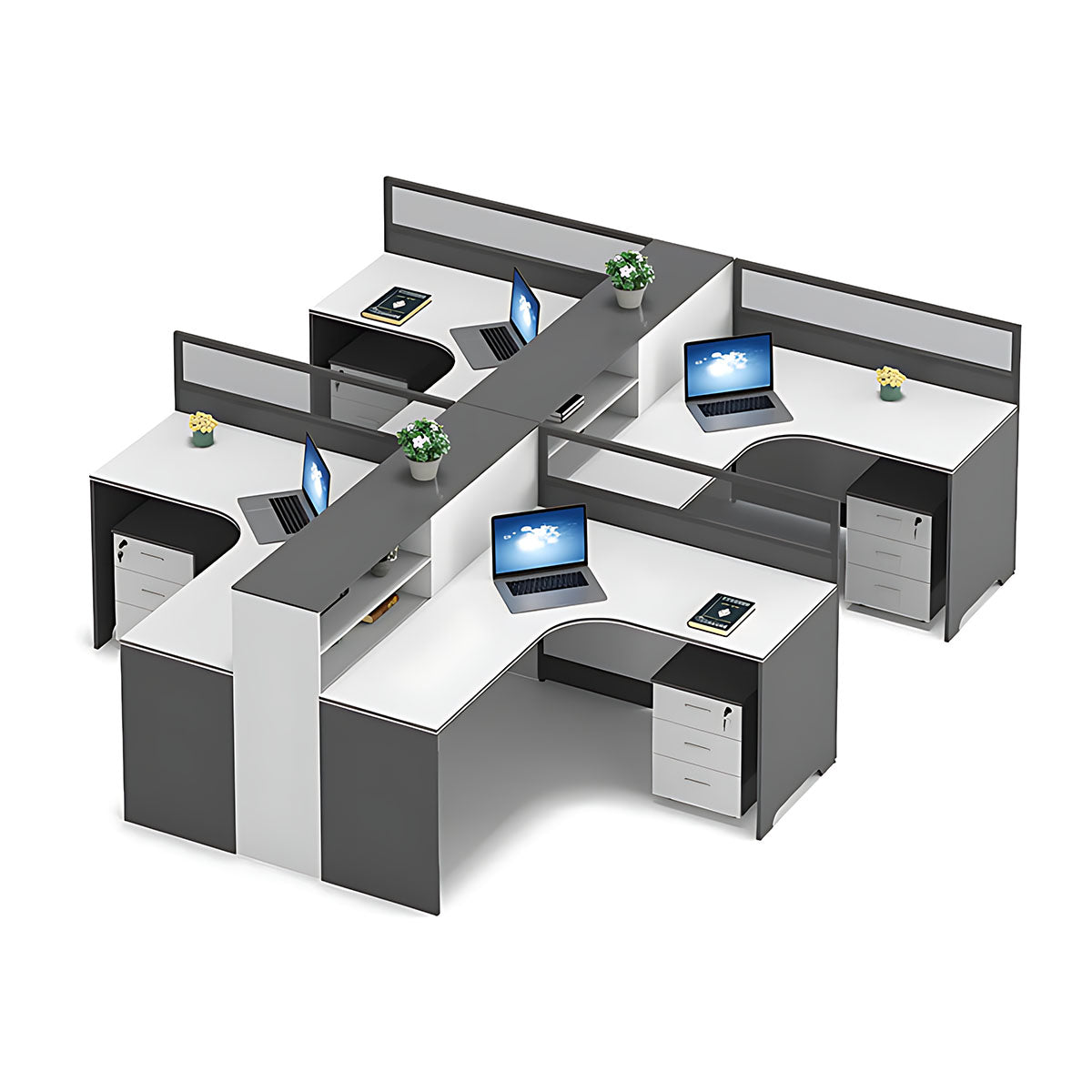 Modern Simple Office Desk and Chair Set, Wide Desktop with Screen Bookcase Partition